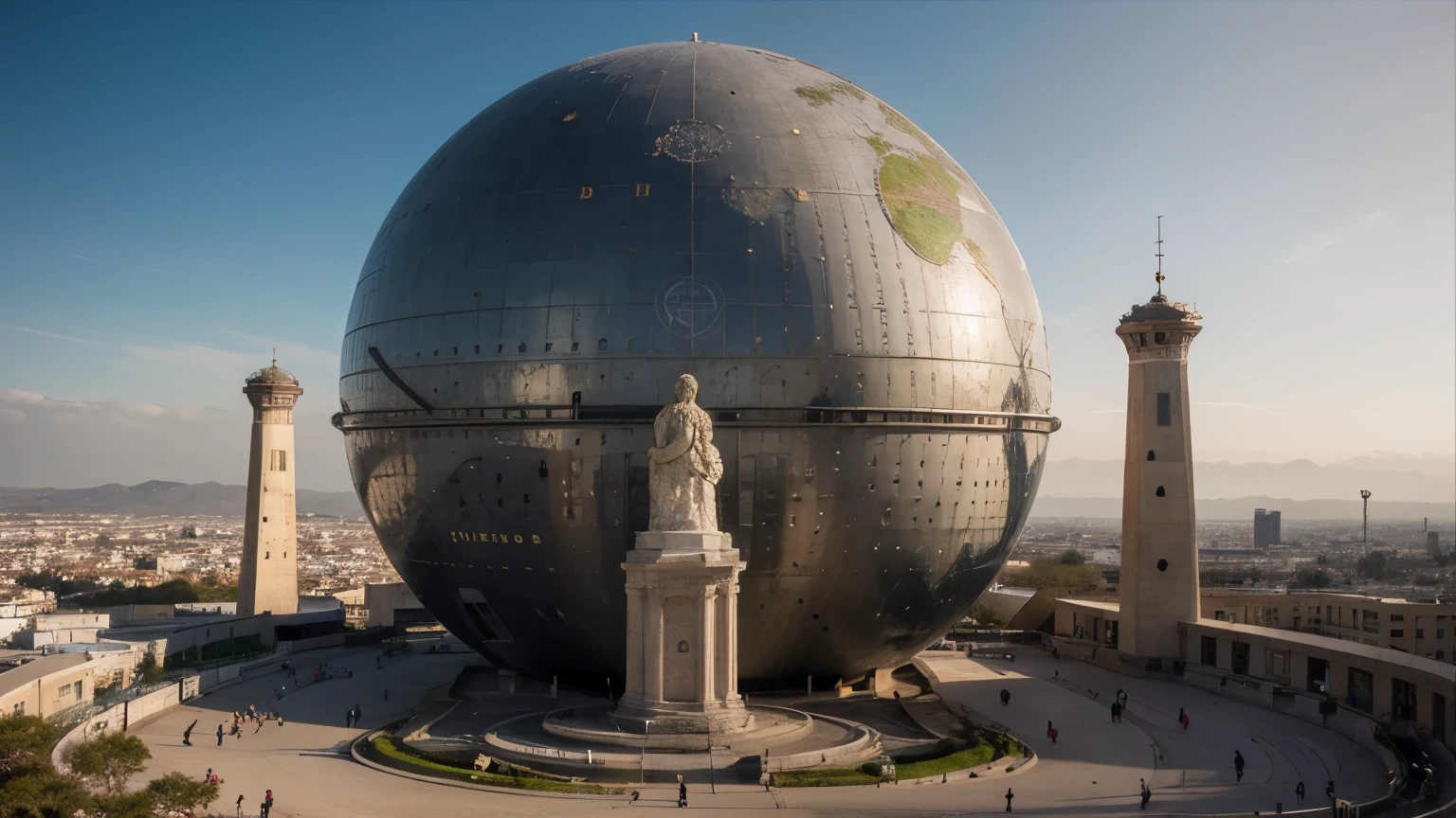 ((Mejor calidad)), ((obra maestra)), (detallado), A vibrant and touching landscape with vivid colors, in the center of the image the planet earth with different monuments of the modern world around it