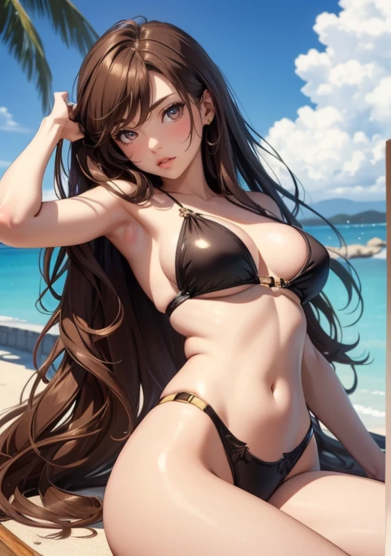 high resolution,1 girl, masterpiece, very detailed, figure, game CG, disorganized, high quality, medium breasts, brown hair, long hair, glossy lips, lips parted, bold swimwear,legs spread, looking sideways,