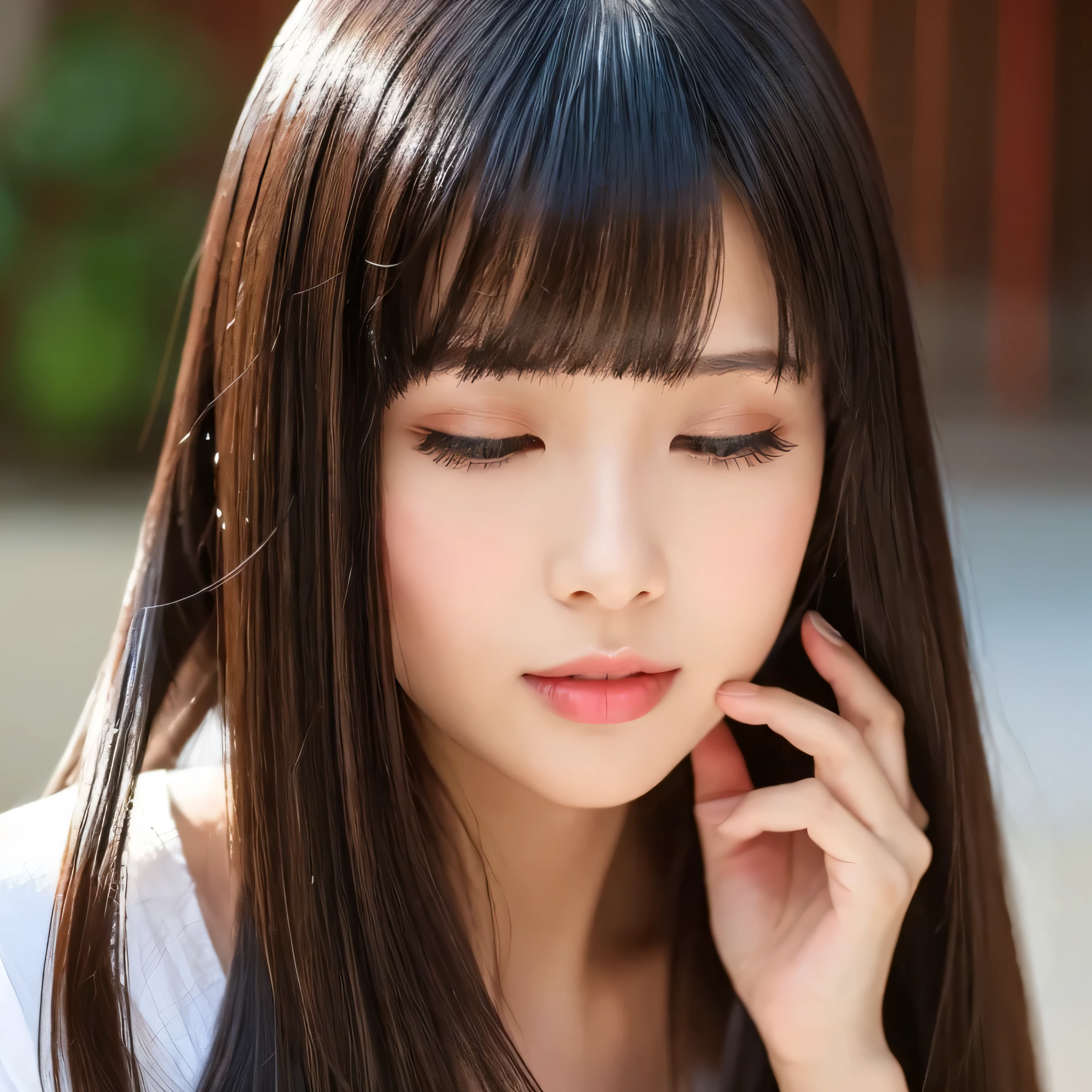 ((extreme close-up)) ((highest quality)), ((masterpiece)), (get used to it), perfect face Abnormally long black hair, Abnormally long, glossy black hair, black silky hair, Extra Dark Natural Black Hair, Very long, straight black hair, Very long, straight black hair, Perfect Silky, Very longストレートヘア, ストレートなAbnormally long black hair, Abnormally long black hair, Her hair is unusually long and straight.., detailed Abnormally long black hair white lingerie (big breasts 1.4) 1 female Japan'cutest middle school girl sensual look orgasm face Kissing face with closed eyes neat bangs The neatly trimmed bangs are princess cut and cover the entire forehead.... bright red lips (narrow mouth) Professional sexy make up Finely detailed skin