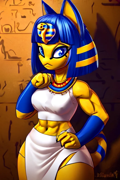 ((best quality)), ((masterpiece)), (detailed), perfect face, a digital artwork of Ankha with abs wearing a crop top of her white dress outfit with a bare midriff and a bare navel