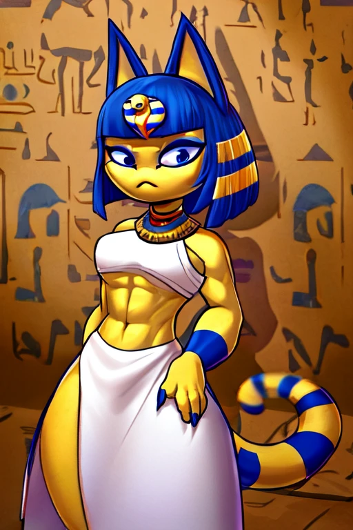 ((best quality)), ((masterpiece)), (detailed), perfect face, a digital artwork of Ankha with abs wearing a crop top of her white dress outfit with a bare midriff and a bare navel 