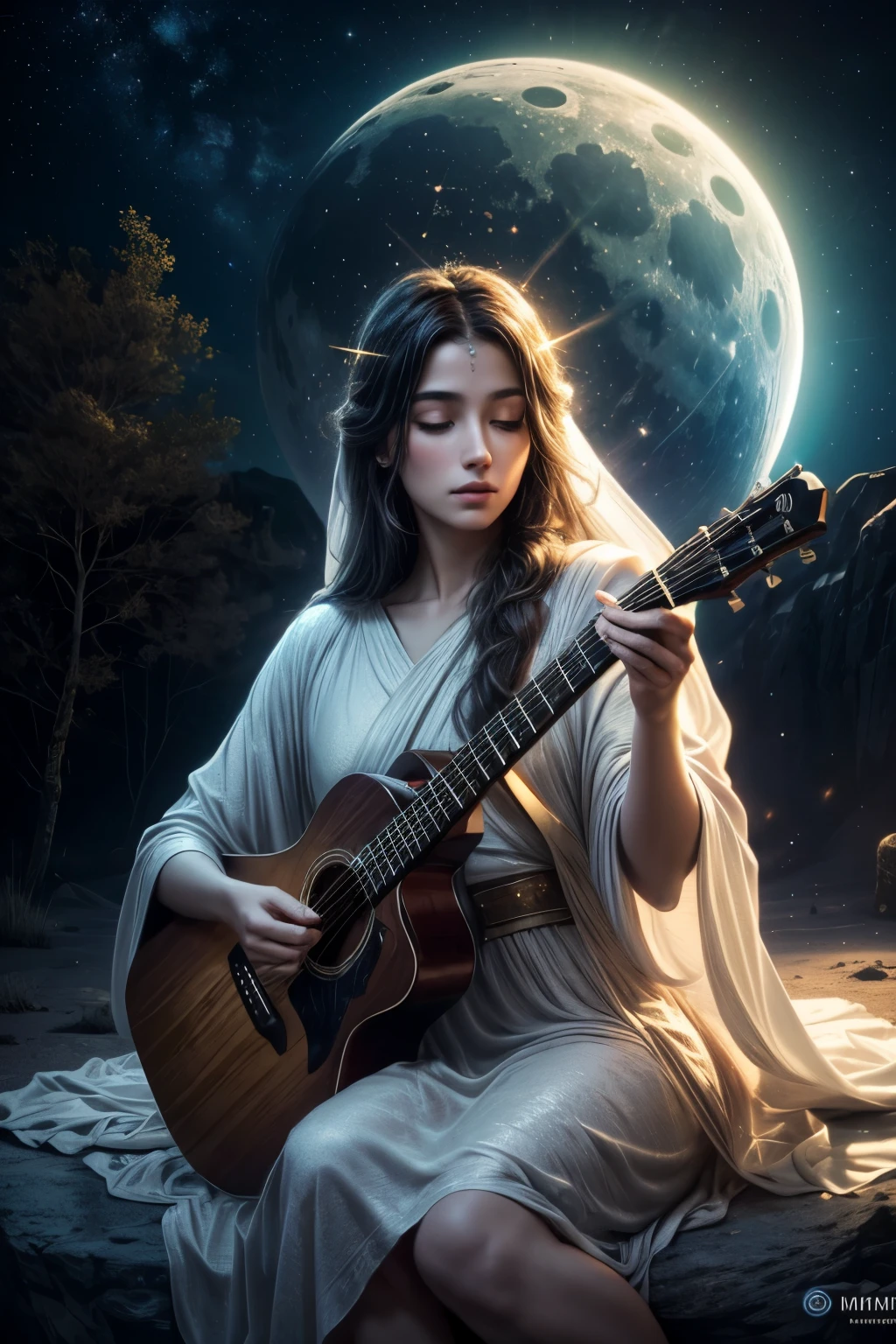 (best quality,4k,8k,highres,masterpiece:1.2),ultra-detailed,(realistic,photorealistic,photo-realistic:1.37),Jesus playing guitar on moon surface, earth in background,illuminated,ethereal,celestial,tranquil,mystical,dark sky,shimmering stars,warm golden moonlight,craters of the moon,detailed lunar landscape,silvery glow,awe-inspiring,Biblical scene,sacred atmosphere,magic of music,heavenly melodies,divine inspiration,serene expression,flowing robe,holy aura,otherworldly setting,extraterrestrial,harmonious music,magical connection,cosmic vibrations,peaceful energy,magnificent presence,spiritual journey,spiritual awakening,celestial harmony,universal connection,profound beauty,guiding light,radiant atmosphere,space odyssey,transcendental experience,stunning composition,moonlit serenade,journey through the universe