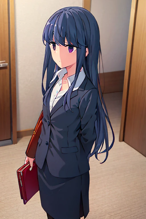 1girl, rin shima, purple eyes, suit, office lady, black skirt, black blazer, pencil skirt, white shirt, collared shirt, long hair, ager, looking at viewer, full body, sad face