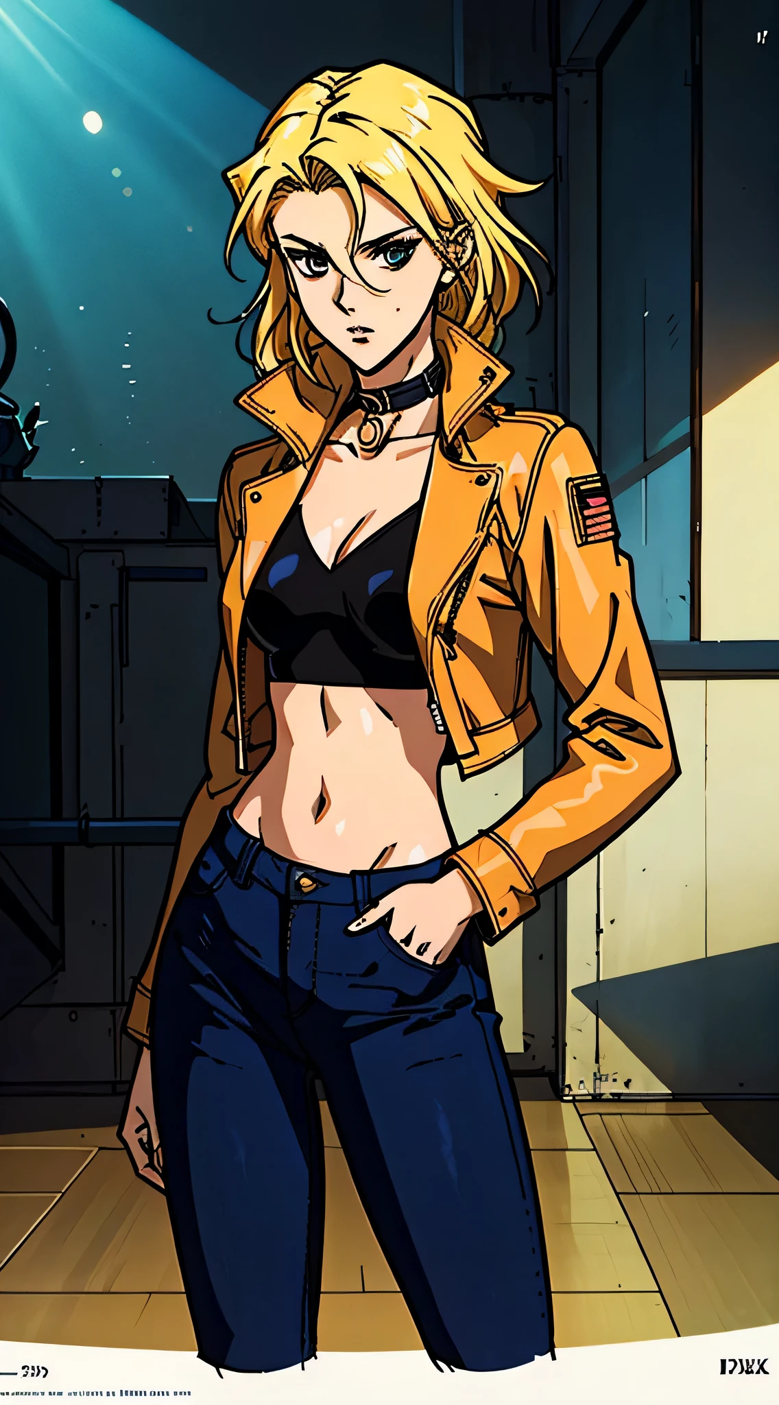 Beautiful woman with messy blonde hair, Oval face, Sensitive features, Slender eyes that showed cunning., She wore a slim-fitting leather jacket that was primarily black with yellow accents., Along with a worn brown jacket with a furry collar on top., Her lower half wore dark blue jeans., She stood casually with her hands on her hips., The character designs reflect a punk style smuggler inspired by Japanese anime designs., The artwork features intricately detailed character designs., Featuring a Japanese manga art style for adults., ((character concept art)), Drawing the whole character, high definition, best quality, very detailed, very delicate, Anatomically correct, Symmetrical face, ดวงตาและใบหน้าที่very detailed, High quality eyes, creativity, raw photos, UHD, 8k, (natural light, professional lighting:1.2, movie light:1.5, best shadow), (Masterpiece:1.5)