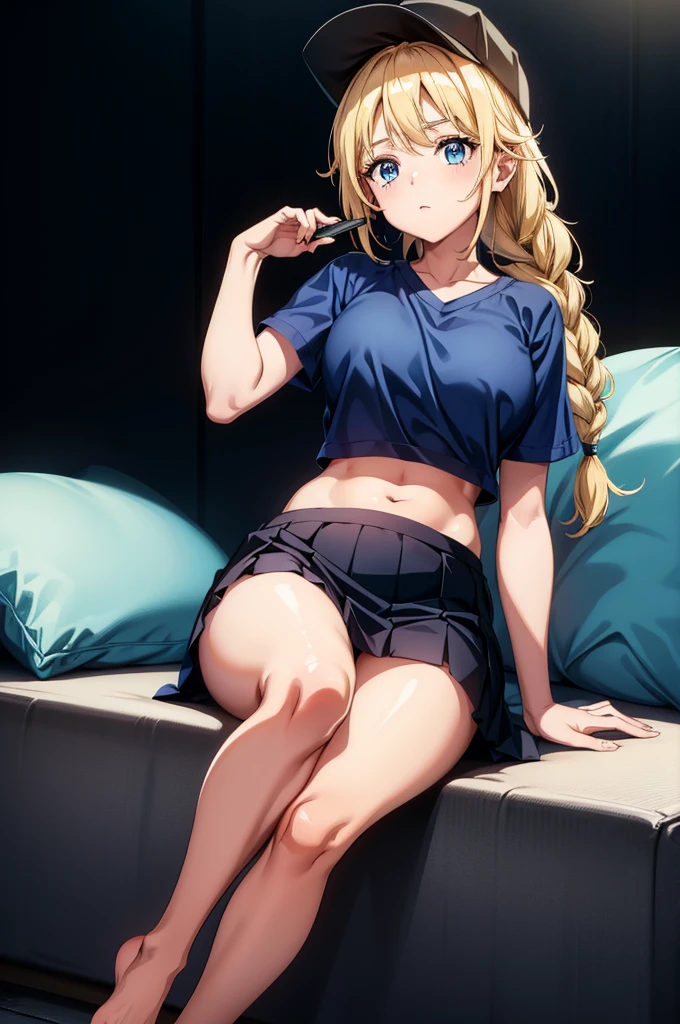 a woman sitting on top of a pile of pillows, looking away from the camera, 1girl, braid, solo, hat, long hair, blonde hair, sitting, navel, skirt, blue shirt, shirt, looking at viewer, short sleeves, baseball cap, blue eyes, midriff, breasts, barefoot, black skirt