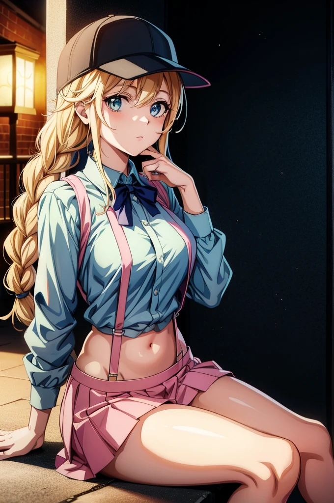 a beautiful anime girl sitting in underwear on a ledge in a dark alley, 1girl, solo, blonde hair, hat, long hair, braid, blue eyes, sitting, skirt, navel, pink panties, looking at viewer, breasts, underwear, baseball cap, suspenders, thighs