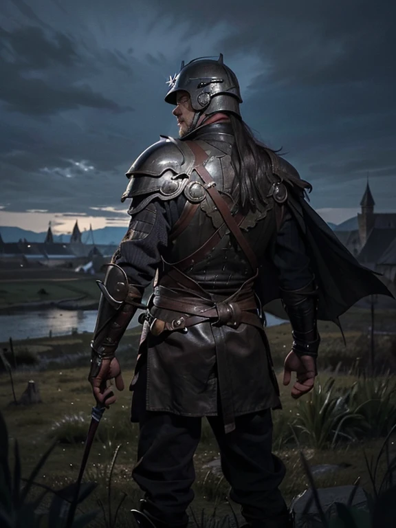 Cartoon style pictures ,(Europe),man,midnight,dark night,Overall black tone, Characters take up one fifth,Create dystopian masterpieces, Game of Thrones movie scenes, The whole character is dressed in Game of Thrones style, Rugged full body metal armor, The background is the medieval manor farmland,river,farmer,(helmet,Face covering,In the shadows,Faceless,健壮的man, strong, shabby), ((Turn your back to the camera,look into the distance,not looking at camera)), Photos taken from a distance,