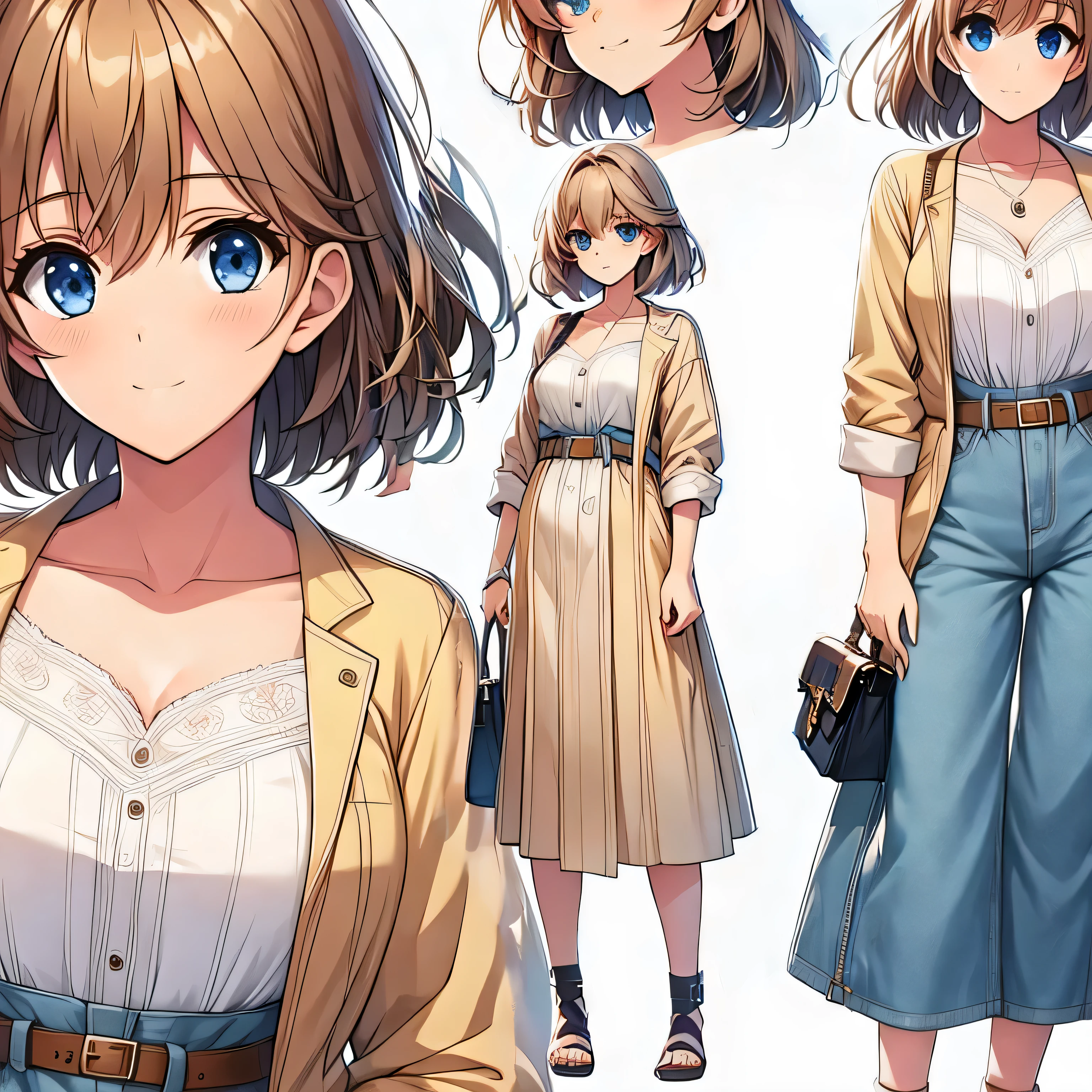 Delete Selection.perfect hairstyle.beautiful hairstyle,Nice bag.A female anime character with blue eyes and a brown jacket, detailed anime character art, Smooth anime CG art, anime moe art style, Anime full body illustration, official character art, Cute girl anime visual, anime character art, Kushart Krenz Key Art Feminine, girl cartoon character design, style anime, Kantai Collection Style, cute anime character design,(masterpiece, highest quality, figure, delicate details, 8K:1.2), (perfect anatomy), (symmetrical eyes, perfect eyes, fine eyes:1.2), (sharp eyeliner, Beautiful detailed face), nice hands, perfect hands, full body shot, diagonal portrait, looking at the viewer, facing the viewer, smile,small bag