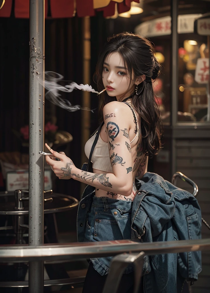 top Quority，Ultra-clear resolution, (Detail of tattooed skin). (Beautifull Indonesian). Body. Slim. Thin. Captivating. ((Long brown hair. Earrings, Highly detailed face and skin texture, Detailed eyes, Double eyelid. Make-up face. Red lipstick, smoke girl, close eyes