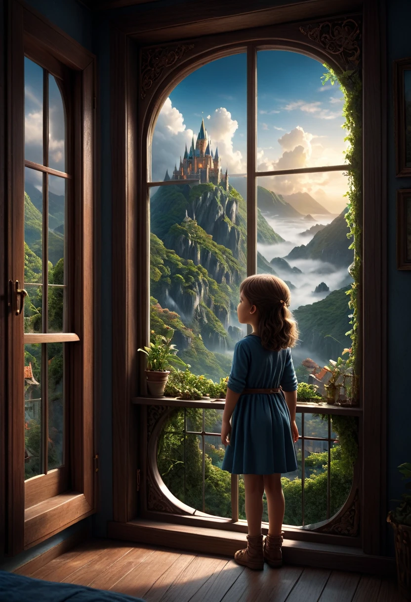 1girl, The View Outside the Window, The view through a window to a magical world, Epic cinematic brilliant stunning intricate meticulously detailed dramatic atmospheric maximalist digital matte painting . masterpiece, best quality, very aesthetic, absurdres, aesthetic