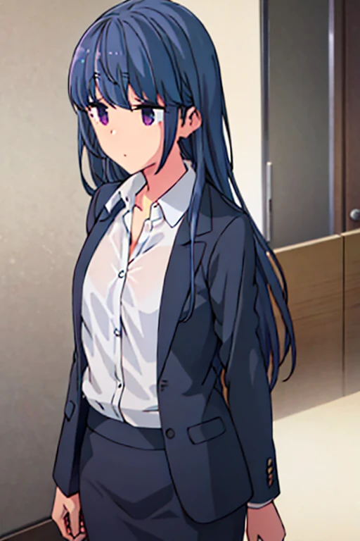 1girl, rin shima, purple eyes, suit, office lady, black skirt, black blazer, pencil skirt, white shirt, collared shirt, long hair, teenager, looking at viewer, full body, sad face