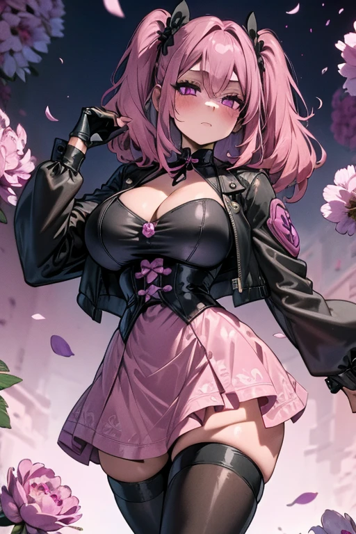 A pink haired woman with violet eyes with an hourglass figure in a cool leather jacket and gothic ta dress dress is blushing in a flurry of peony petals