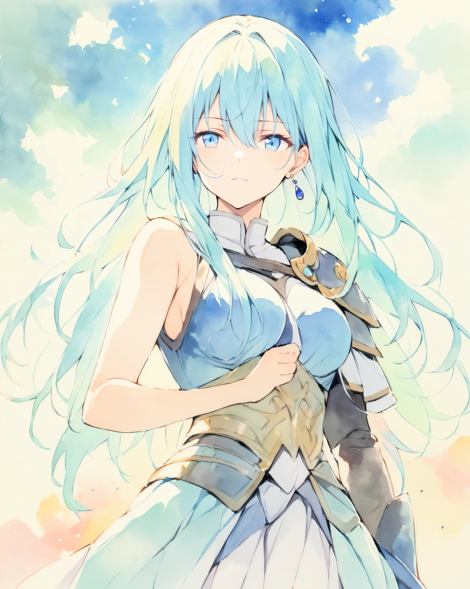 masterpiece, best quality, watercolor (medium), 1 girl, breast, alone, long hair, split, Sky blue hair, blue eyes, earrings, Bangs, jewelry, skirt, bare shoulders, sleeveless, hair between eyes, 单pauldron, looking at the audience, large breast, armor, shoulder armor, sleeveless skirt, Upper body, single sleeve, white skirt, pauldron, contempt