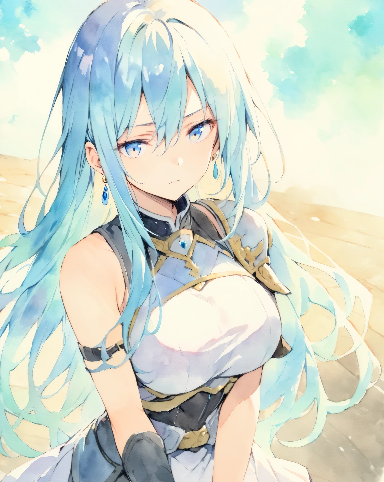 masterpiece, best quality, watercolor (medium), 1 girl, breast, alone, long hair, split, Sky blue hair, blue eyes, earrings, Bangs, jewelry, skirt, bare shoulders, sleeveless, hair between eyes, 单pauldron, looking at the audience, large breast, armor, shoulder armor, sleeveless skirt, Upper body, single sleeve, white skirt, pauldron, contempt