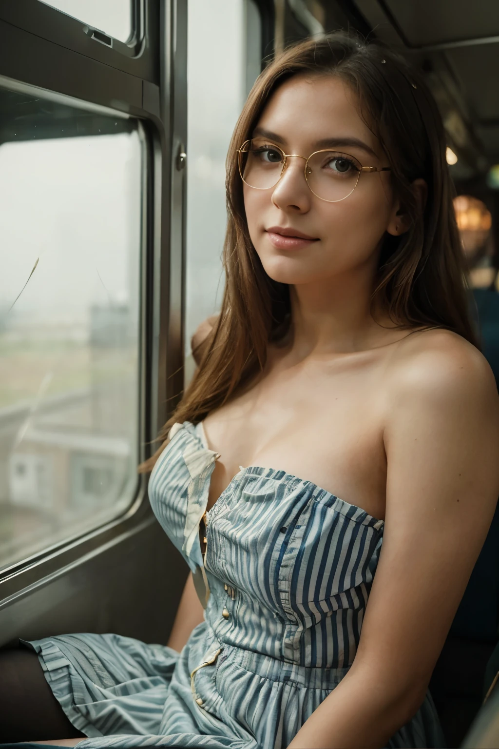 (Best quality, Ultra detailed, Golden ratio, Masterpiece:1.2), Theatrical lighting:0.7, Photo of a woman, dressed in a very elegant and pretty dress, Perfect rare face, (Highly detailed skin), randomly dyed hair, Hide your mouth with your hands、Ridicule, skin texture, Pale skin, shiny skin, (thin, large size:1.2), [:(Sharp focus on rare face, perfect eyes:1.2):0.2], photorealistic, film grain, Put one foot forward、from below looking up、look at camera、Emphasize the shoulders, Focus on face、Stockings、glasses、Smile with corners of mouth raised、disdainful expression, summer haze, muted colors, muted warm colors, Photo cinematic portrait of a woman dressed in a striped dress sitting by the window in the early morning, cinematic, (tilted:1.3) (on an old train) look cautious, standing under a spotlight, volumetric dust clouds, key light, backlight, soft natural lighting, photography Film grain ISO 400 30 mm lens RAW f1.8 aperture, highly detailed (analog photography:1), colors hdr