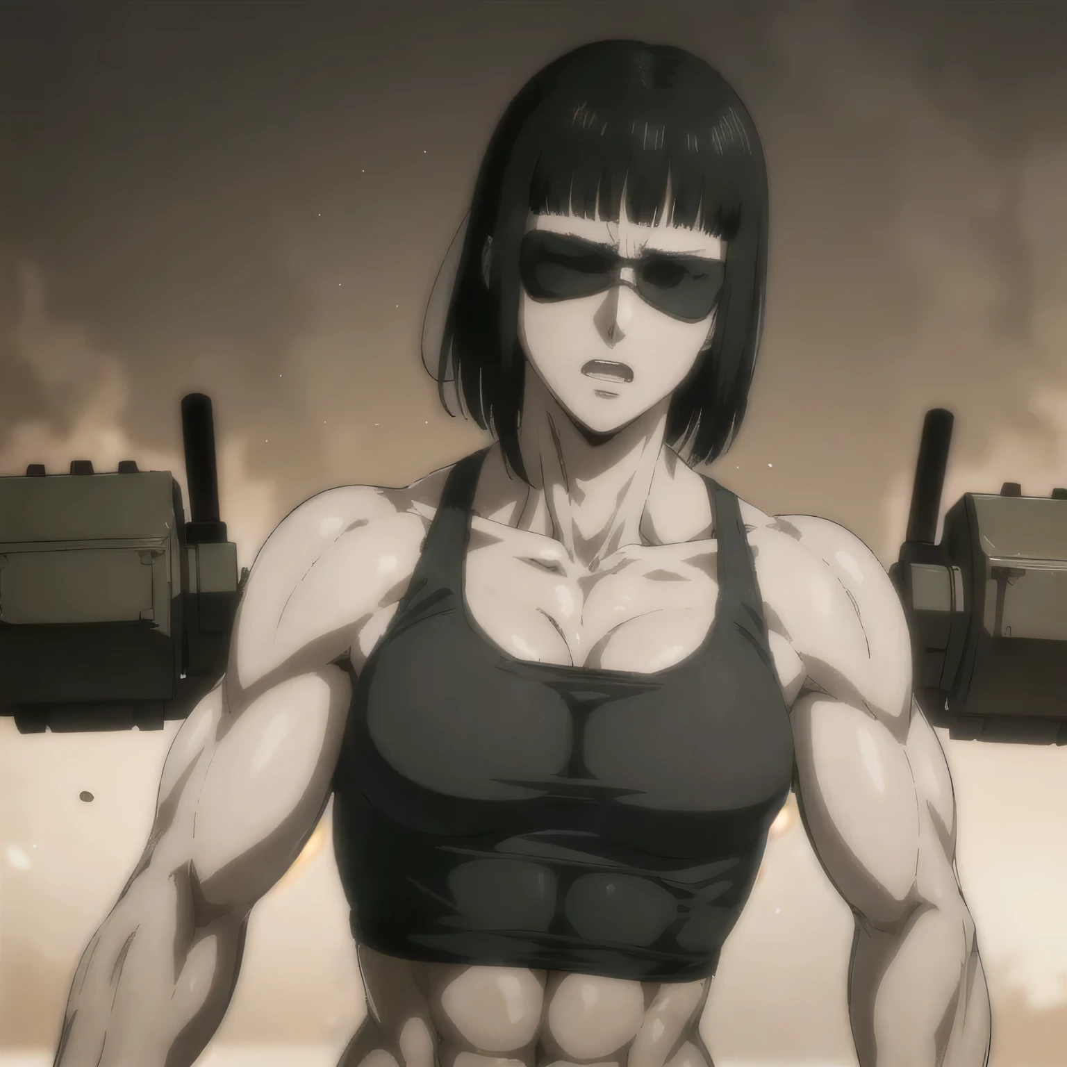 (best quality,ultra-detailed,realistic:1.37),muscles military, badass girl Sunglasses wearing sport tank top, full review of the female character's face and body, intense expression, strong and confident posture, studio lighting, vivid colors, physiologically-based rendering, grungy texture, rugged background, dust particles in the air, commanding presence, professional, powerful, gritty aesthetics,,Valmet،short hair,six-pack 