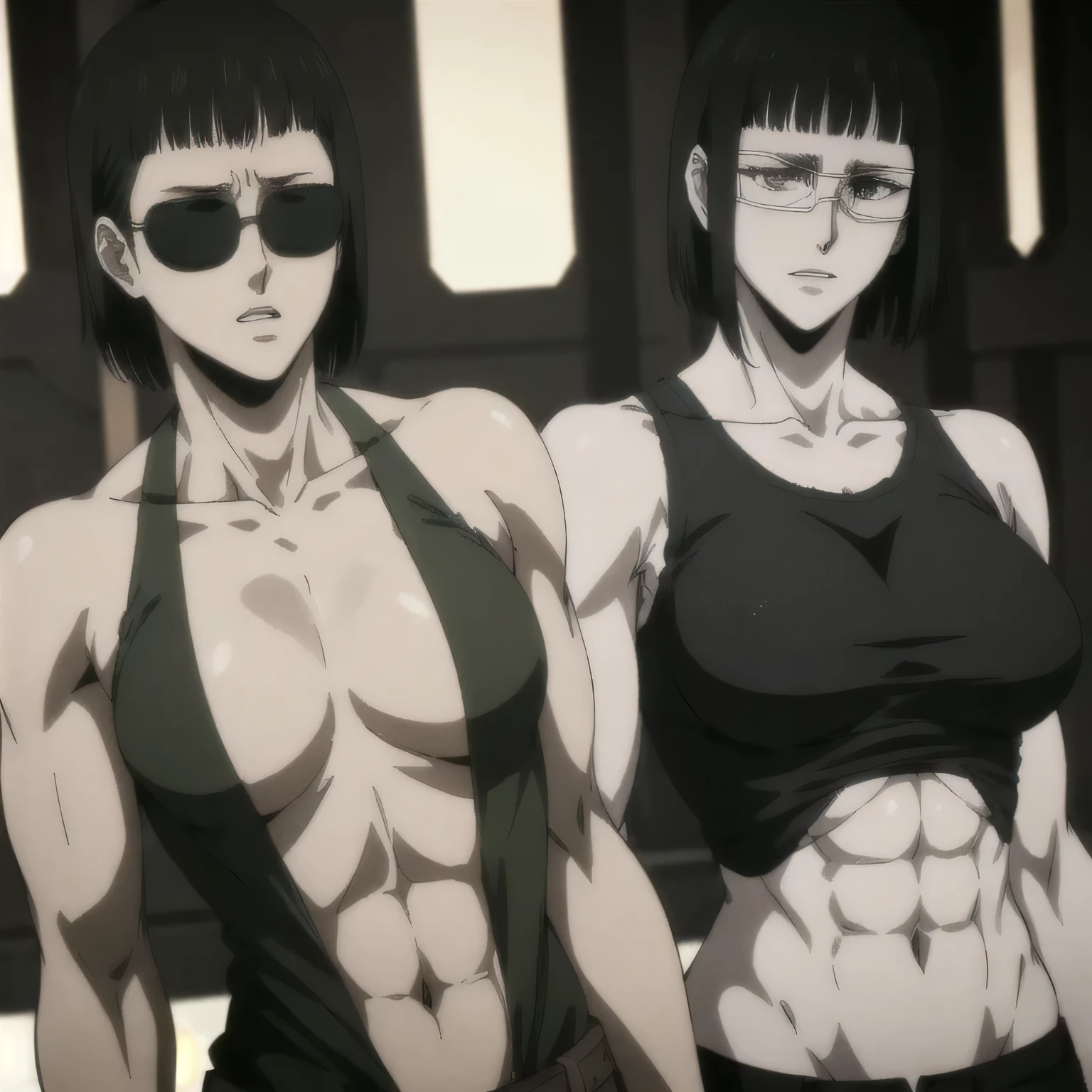 (best quality,ultra-detailed,realistic:1.37),muscles military, badass girl Sunglasses wearing sport tank top, full review of the female character's face and body, intense expression, strong and confident posture, studio lighting, vivid colors, physiologically-based rendering, grungy texture, rugged background, dust particles in the air, commanding presence, professional, powerful, gritty aesthetics,,Valmet،short hair,six-pack