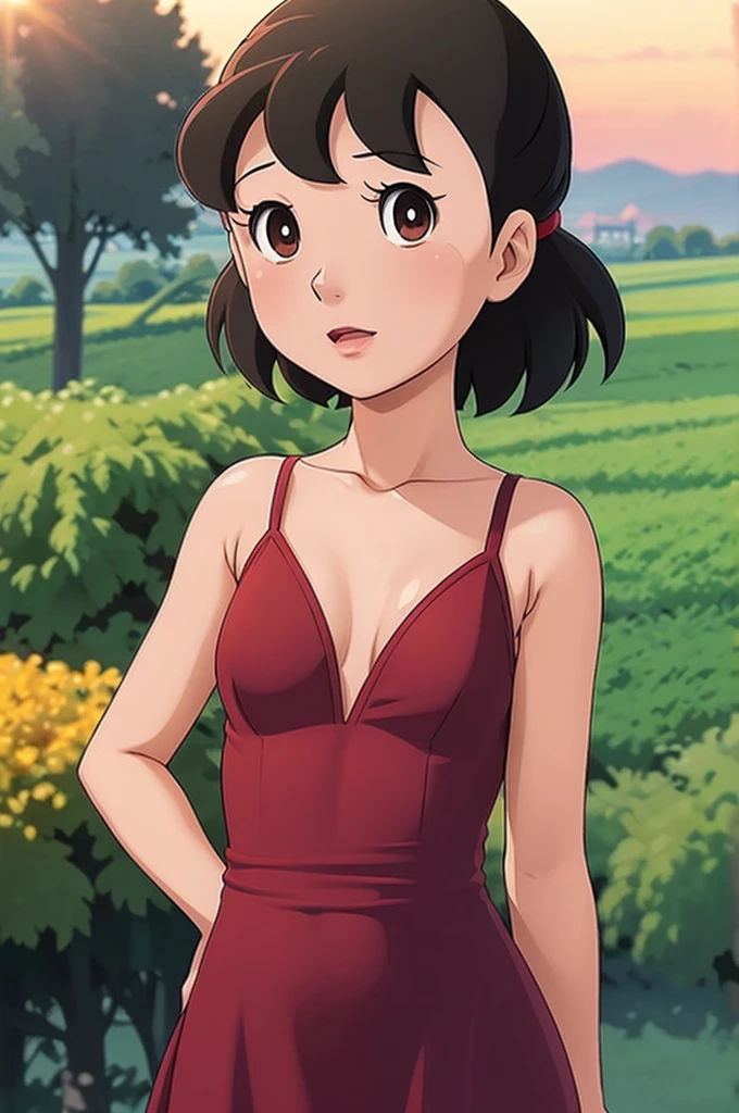 Best Quality, Masterpiece, (Realistic: 1.2), 1 girl, slim girl, red black hair, brown eyes, front, detailed face, beautiful eyes, brown eyes, big eyes, small breasts, cleavage, long dress,beautiful background sunrise