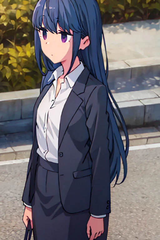 1girl, rin shima, purple eyes, suit, office lady, black skirt, black blazer, pencil skirt, white shirt, collared shirt, long hair, teenager, looking at viewer, full body, sad face