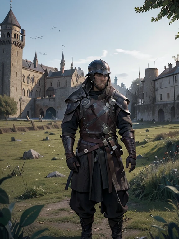 Cartoon style pictures ,(Europe),man,midnight,Overall black tone, Characters take up one fifth,Create dystopian masterpieces, Game of Thrones movie scenes, The whole character is dressed in Game of Thrones style, Rugged full body metal armor, The background is the medieval manor farmland,river,farmer,(helmet,Face covering,In the shadows,Faceless,健壮的man, strong, shabby), ((Turn your back to the camera,look into the distance,not looking at camera)), Photos taken from a distance,