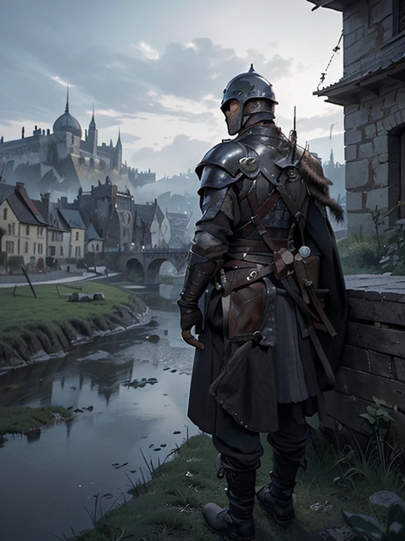  Cartoon style pictures ，(Europe)，man,midnight，Overall black tone， Characters take up one fifth，Create dystopian masterpieces, Game of Thrones movie scenes, The whole character is dressed in Game of Thrones style, Rugged full body metal armor， The background is the medieval manor farmland，river，farmer，(helmet，Face covering，In the shadows，Faceless，健壮的man, strong, shabby), ((Turn your back to the camera，look into the distance，not looking at camera)), Photos taken from a distance, 