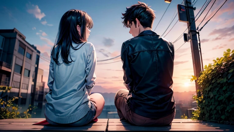 A boy and a girl are sitting and looking at each other and from behind the boy it is day and from behind the girl it is night.