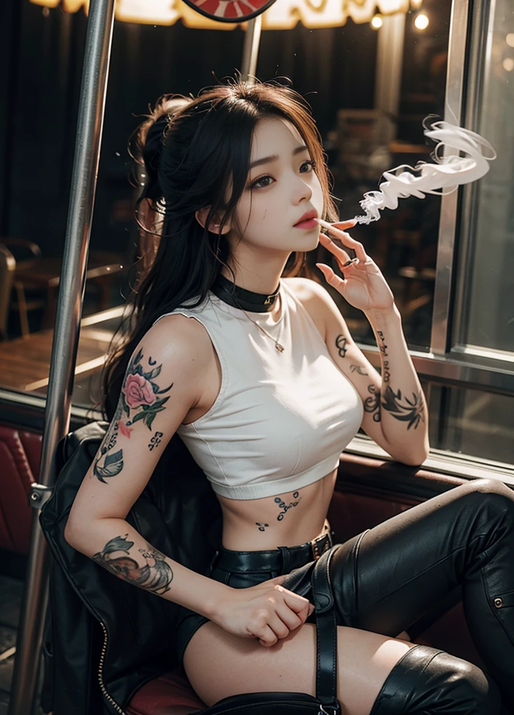 arafed woman with tattoos smoking a cigarette in a carousel, (( smoking a cigarette)), Cai Xukun, ((wearing boots)), of taiwanese girl with tattoos, Inspired by Elsa Breda, Written by Emma Andijewska, with tattoos, tattooed, inked, Inspired by Kim Duk-shin, tattoo, The aesthetics of War Paint, yakuza slim girl, Neutral person, by Mika Klein