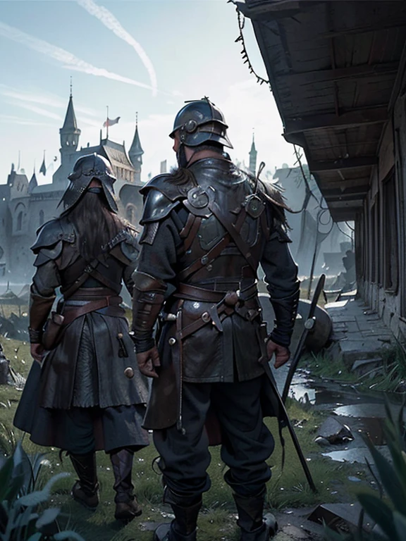 Cartoon style pictures ,(Europe),man,midnight,Overall black tone, Characters take up one fifth,Create dystopian masterpieces, Game of Thrones movie scenes, The whole character is dressed in Game of Thrones style, Rugged full body metal armor, The background is the medieval manor farmland,river,A group of farmers,Soldier,(helmet,Face covering,In the shadows,Faceless,健壮的man, strong, shabby), ((Turn your back to the camera,look into the distance,not looking at camera)), Photos taken from a distance,