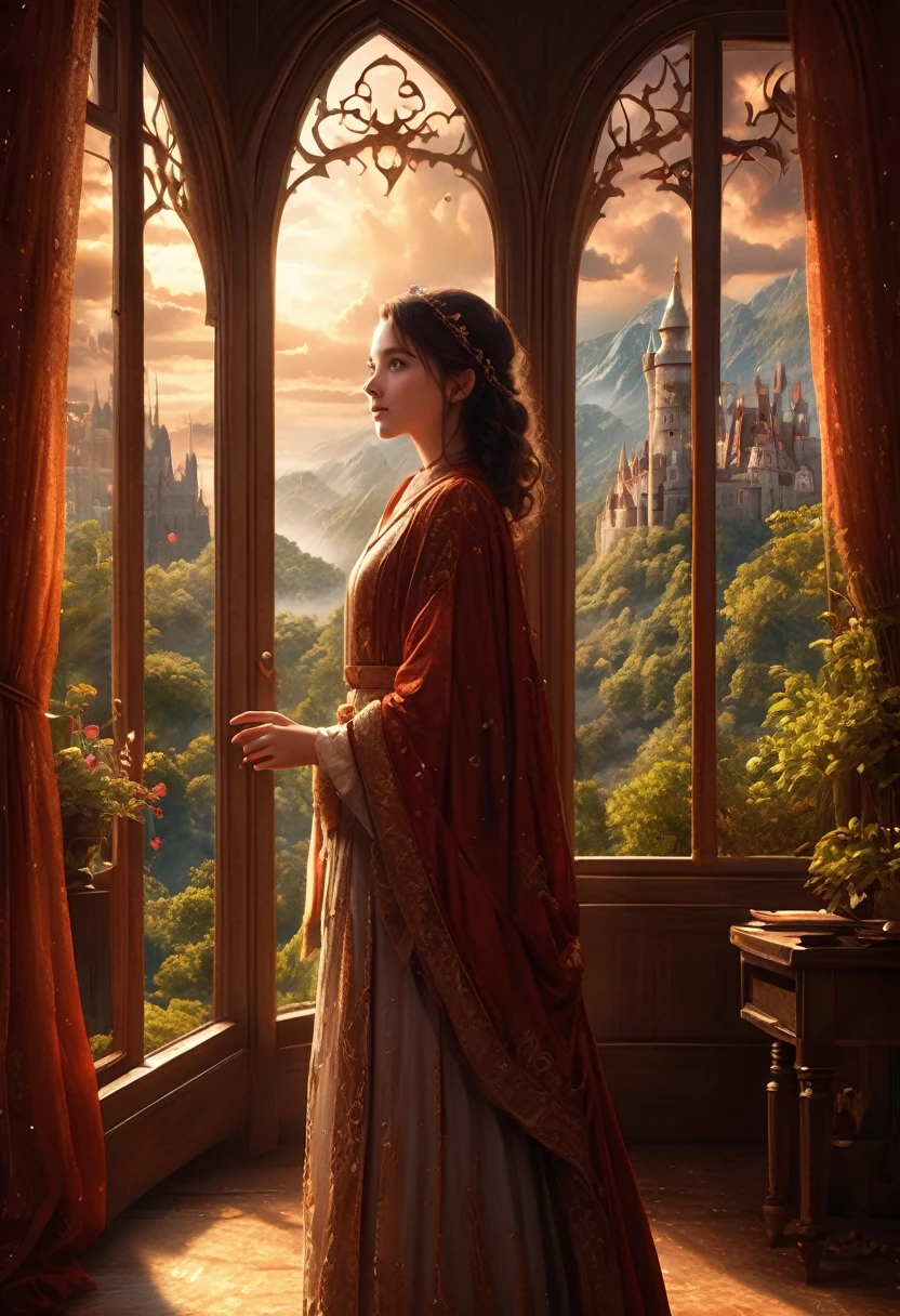 1girl, The View Outside the Window, The view through a window to a magical world, Epic cinematic brilliant stunning intricate meticulously detailed dramatic atmospheric maximalist digital matte painting . masterpiece, best quality, very aesthetic, absurdres, aesthetic