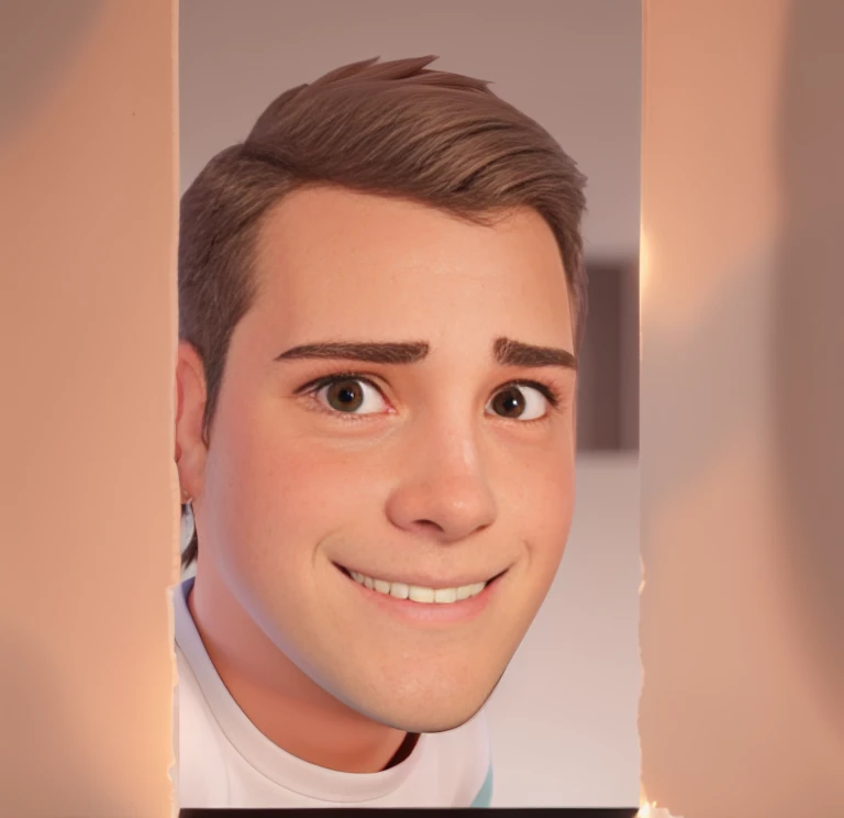 Um garoto adolescente, com cabelo curto, sem barba, olhos castanhos claros, nariz fino, a smile on the lip, pele aveludada com uma luz refletindo levemente aos olhos