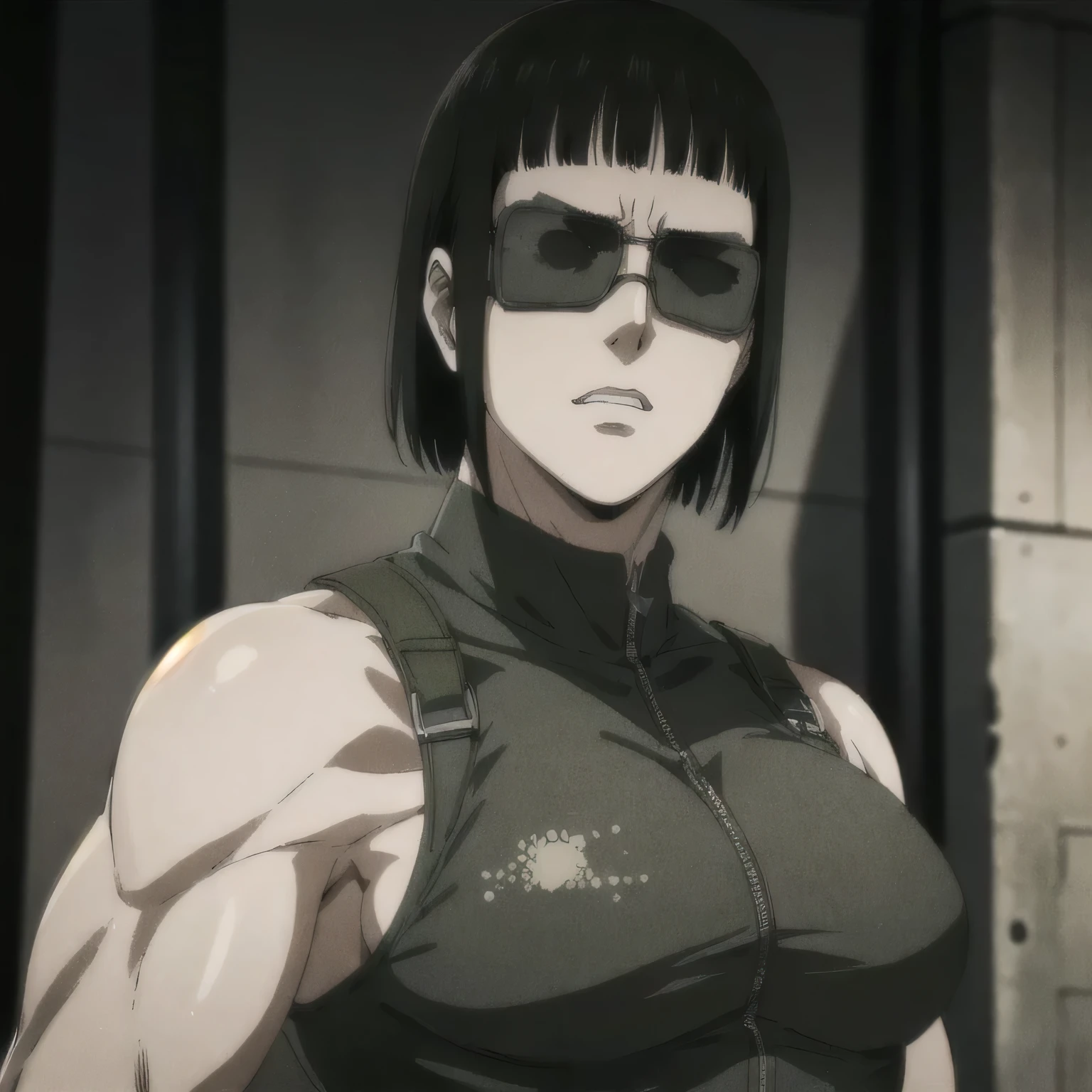 (best quality,ultra-detailed,realistic:1.37),muscles military, badass girl Sunglasses wearing sport tank top with leather jacket, full review of the female character's face and body, intense expression, strong and confident posture, studio lighting, vivid colors, physiologically-based rendering, grungy texture, rugged background, dust particles in the air, commanding presence, professional, powerful, gritty aesthetics,,Valmet،short hair,six-pack