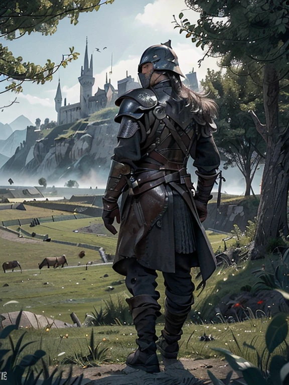  Cartoon style pictures ，(Europe)，man,midnight，Overall black tone， Characters take up one fifth，Create dystopian masterpieces, Game of Thrones movie scenes, The whole character is dressed in Game of Thrones style, Rugged full body metal armor， The background is the medieval manor farmland，river，A group of farmers，field，farming，(helmet，Face covering，In the shadows，Faceless，健壮的man, strong, shabby), ((Turn your back to the camera，look into the distance，not looking at camera)), Photos taken from a distance, 