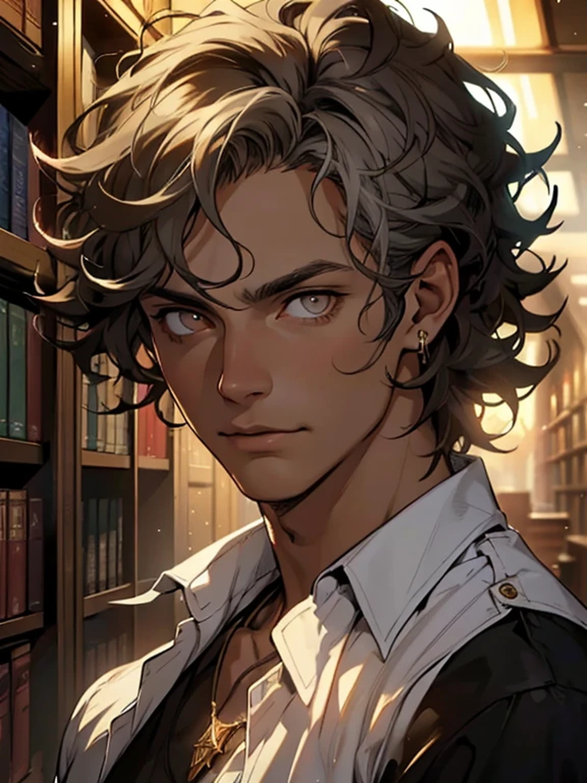 (masterpiece, best quality, high quality, highres:1.2), modern upper body, male, adult man, slim face, 27yo, tan skin, short messy hair, ((white hair)), messy hair, (curly hair), gold eyes, glowing eyes, hair over forehead, necklace, t-shirt, portrait, lost gaze, library background, (dark background), front, dark clothes, dramatic lighting, face in shadow, warm tones, dark academia, loose shirt, earrings, interior background, magical, wizard, warlock, magic particles, 
