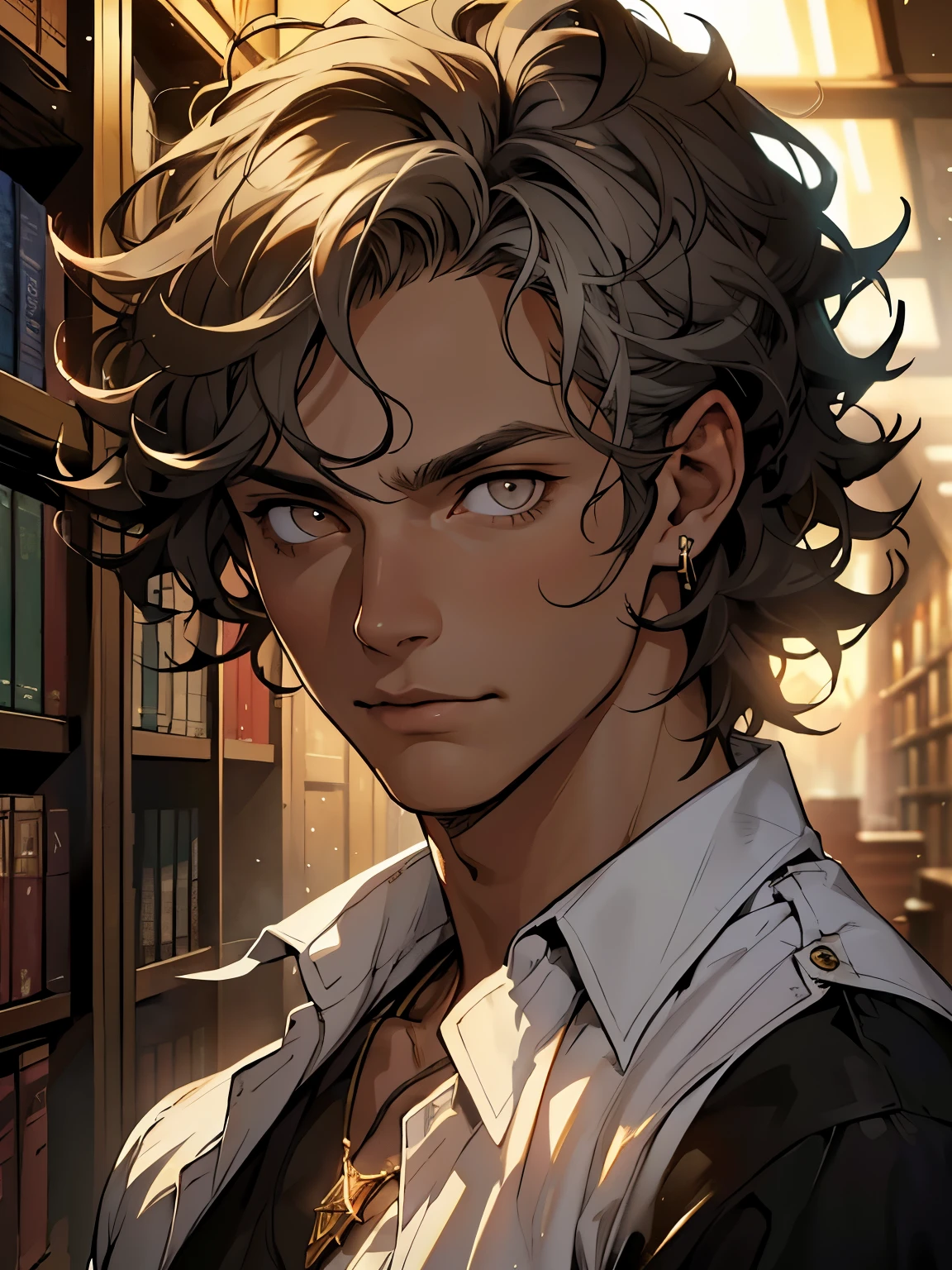 (masterpiece, best quality, high quality, highres:1.2), modern upper body, male, adult man, slim face, 27yo, tan skin, short messy hair, ((white hair)), messy hair, (curly hair), gold eyes, glowing eyes, hair over forehead, necklace, t-shirt, portrait, lost gaze, library background, (dark background), front, dark clothes, dramatic lighting, face in shadow, warm tones, dark academia, loose shirt, earrings, interior background, magical, wizard, warlock, magic particles,