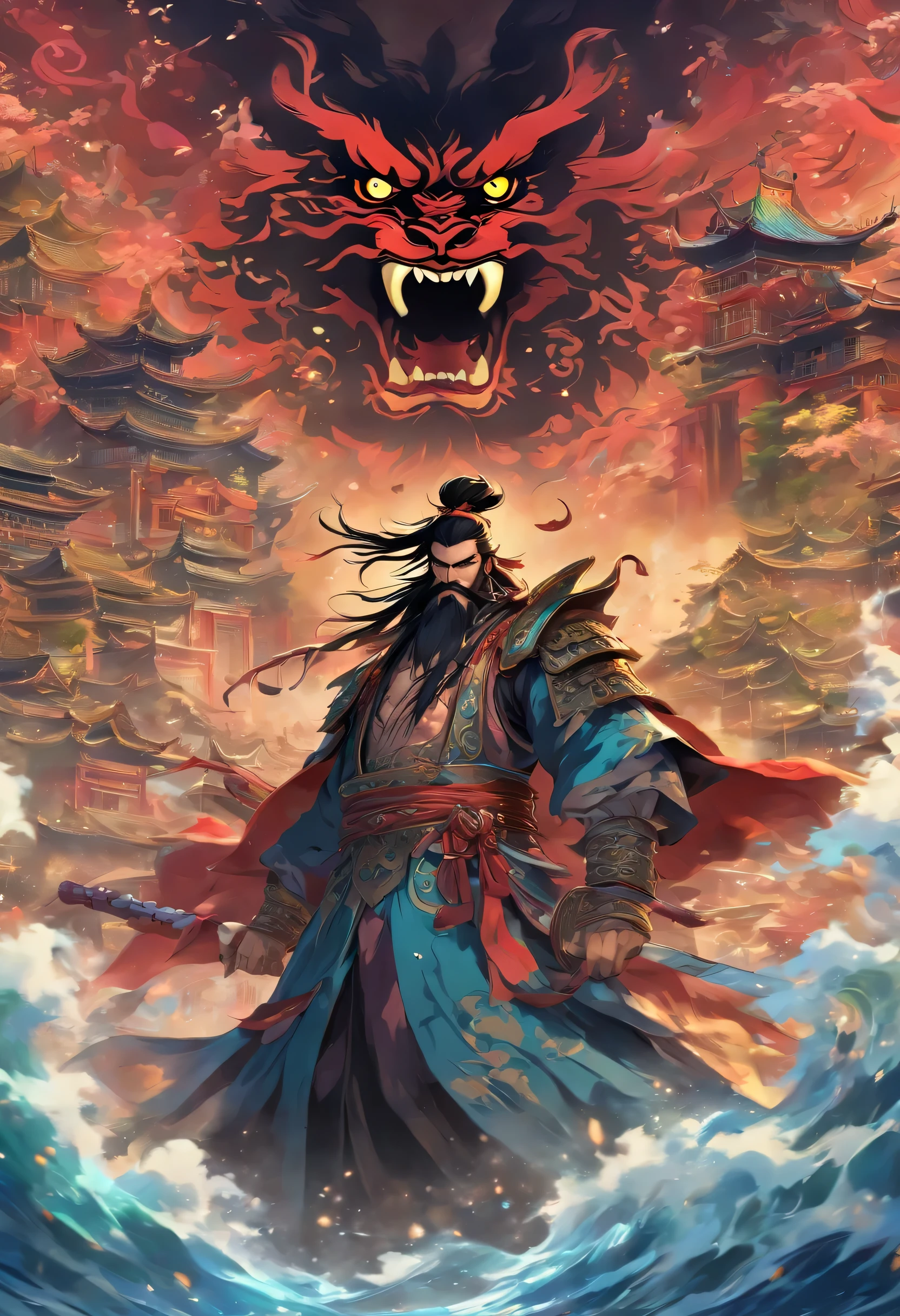 Chinese style,Chinese drama,best quality,Ultra high resolution,CG แบบละเอียด 4K,Masterpiece,man,Blackbeard,Chinese legend,((giant)),about beauty,In the middle of the screen