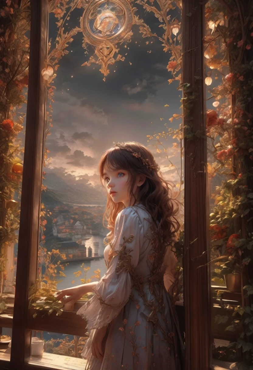 1girl, The View Outside the Window, The view through a window to a magical world, Epic cinematic brilliant stunning intricate meticulously detailed dramatic atmospheric maximalist digital matte painting . masterpiece, best quality, very aesthetic, absurdres, aesthetic