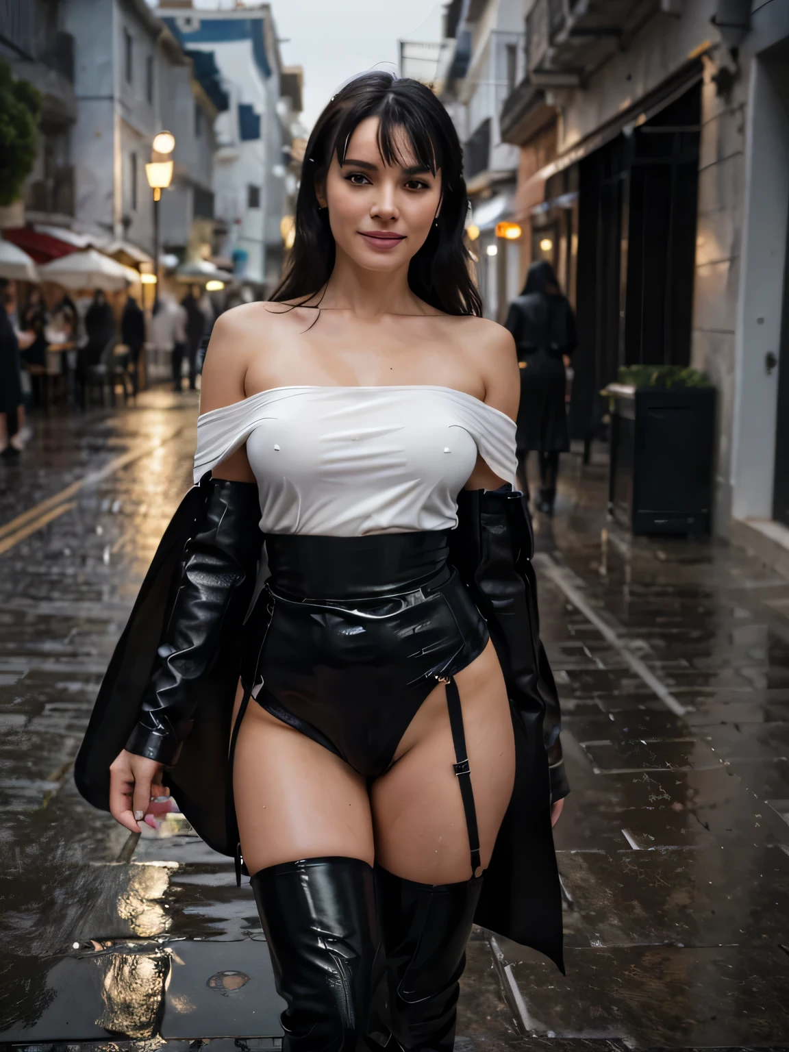 high resolution, masterpiece, best quality, intricate details, highly detailed, sharp focus, detailed skin, realistic skin texture, texture, detailed eyes, professional, 4k, shot on Canon, 85mm, shallow depth of field, kodak vision color, perfect fit body, extremely detailed, foto_\(ultra\), photorealistic, realistic, post-processing, maximum detail, roughness, real life, ultra realistic, photorealism, photography, 8k uhd, photography, walking in a candle night at Mykonos, incredible strong raining day,bags on her shoulders(full body portrait:1.1), beautiful soaked smiling opne lips,Bettie Page (wearing short black leather skirt, wrapped in a large black cloth cloak,long tight white gloves ,white cotton tie wrap blouse, thigh high stiletto boots), very detailed, 30 years old, flirtatious smile, wavy shoulder length hair