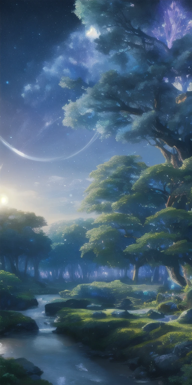 Illustration of a hyperrealistic , otherworldly, ultrasky scene featuring a giant crystal tree full body,very detailed and magical lighting, intricate forest details, vegetation and river around, solarpunk ,landscape, giant tree, beatifull leafy with beautiful lighting and realistic proportions, as if it were a cinematic background, 8k, highest quality, masterpiece, clouds and stars in the sky.