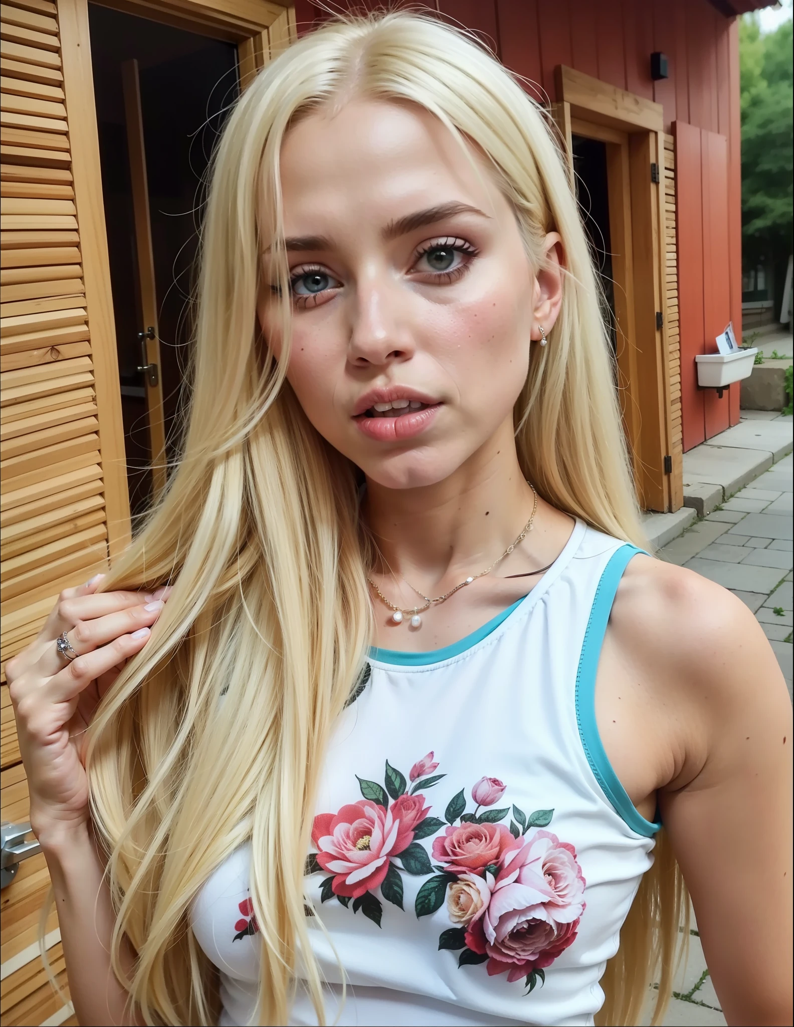 blond woman with long hair wearing a branco tank top and pearl necklace, Carolina Gariba, Sidney Sweeney, Victoria Gavrilenko, estilo de julia razumova, Aleksandra Waliszewska, Yulia Gorokhova, face like exposed ester, branco! top com estampa, Retrato de Sophie Mudd, Karolina Cummings