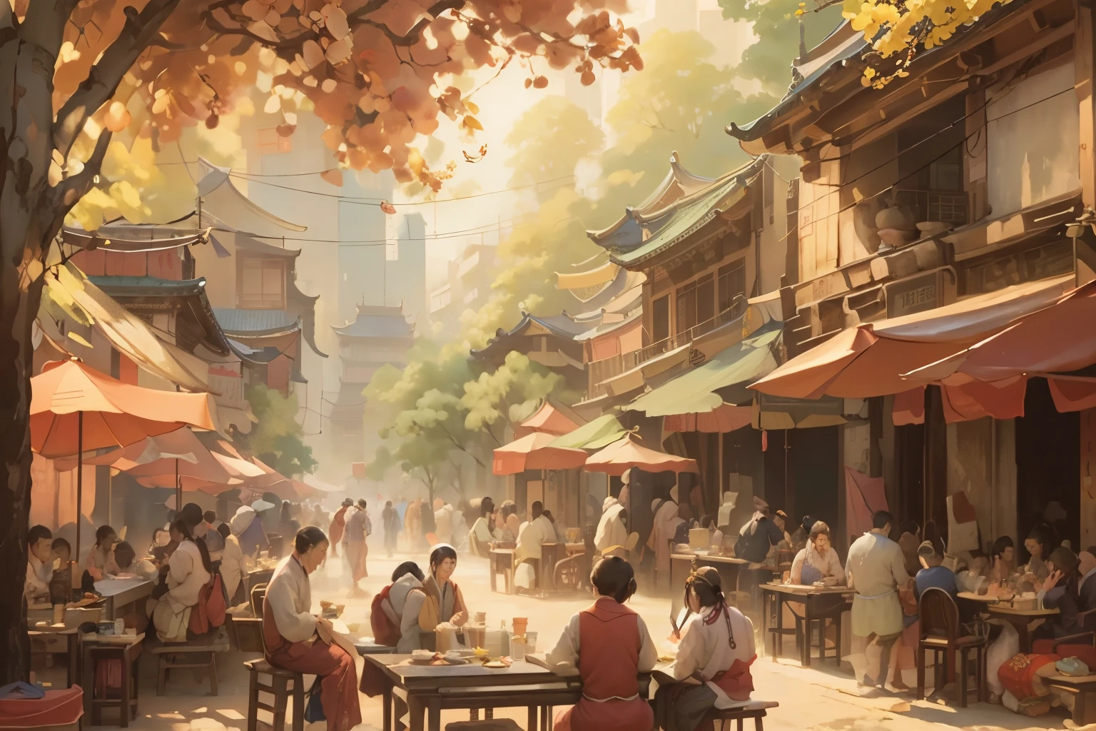 Oil painting of a street scene with people sitting at tables and umbrellas, by Cui Zizhong, by Qu Leilei, Chinese traditional watercolor painting, Chinese watercolor style, watercolor style, Detailed watercolor painting, by Li Zai, Bian Shoumin, by Cao Buxing, by Lu Guang, by Huang Binhong, author:Gong Xian, Sun Kehong