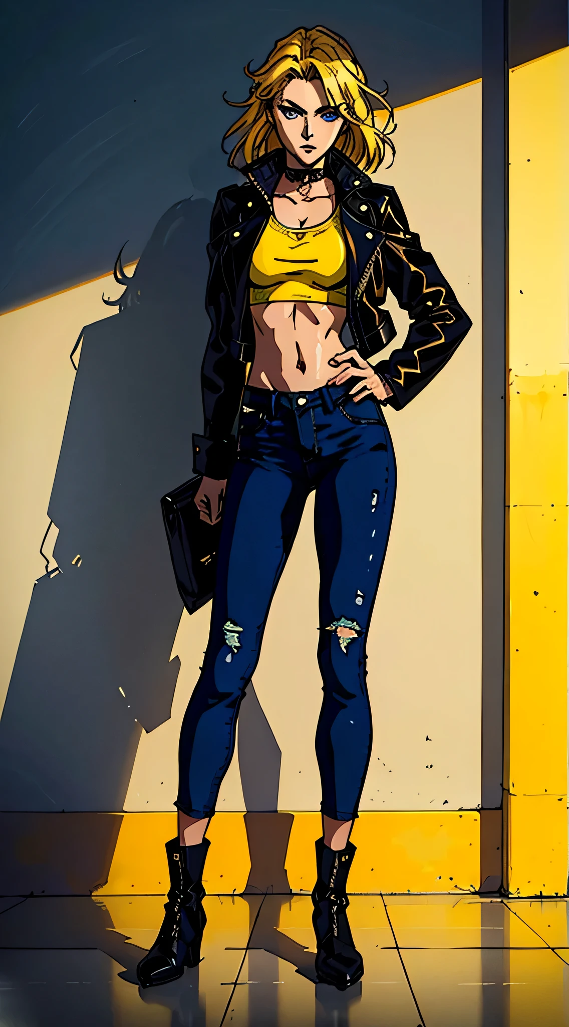 Beautiful woman with messy blonde hair, oval face, Sensitive features, Slender eyes that show wit., She wore a slim-fitting leather jacket that was mainly black and yellow.., He was wearing a brown jacket with a furry collar on top.., Her lower half was clad in dark blue jeans.., She stood casually with her hands on her hips.., The character designs reflect a punk style smuggler inspired by Japanese anime designs.., The artwork features intricately detailed character designs.., Featuring a Japanese manga art style for adults.., ((character concept art)), Drawing all characters, high definition, best quality, very detailed, very delicate, Anatomically correct, Symmetrical face, ดวงตาและใบหน้าที่very detailed, High quality eyes, creativity, raw photos, UHD, 8k, (natural light, professional lighting:1.2, movie light:1.5, best shadow), (Masterpiece:1.5)