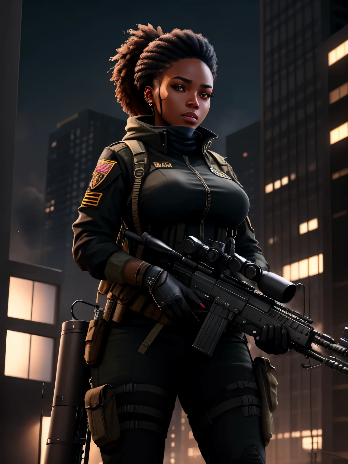 Black woman with a sniper rifle, looking through the scope, positioned on top of building shooting at the enemy on the street, photorealistic image, 8k, ultra HD, unreal engine rendered, cinematic lighting, artgerm style,