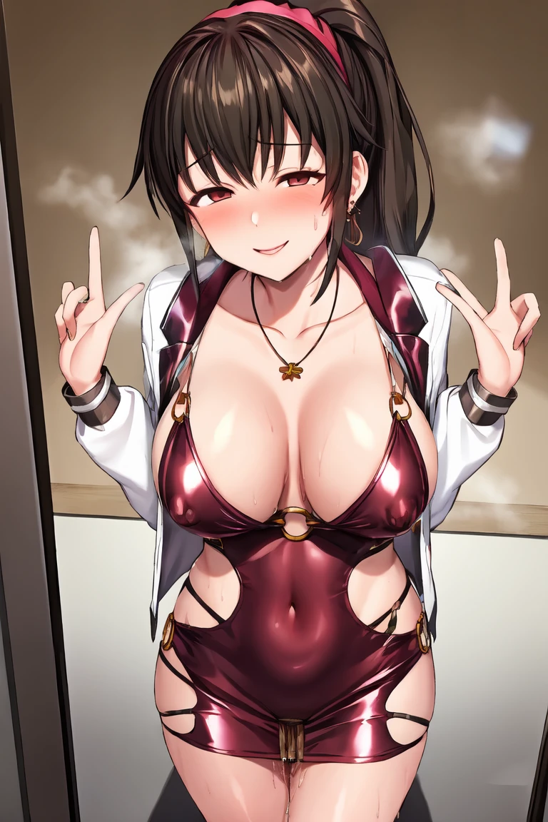 (masterpiece, high quality, High resolution:1),1 girl,alone,chest,pov doorway, open door, doorway, false smile,Are standing, (Sweat:1.3) ,fog, bodycon, micro dress, white jacket, eyes, head band, 垂れ下がったchest, 巨大なchest, panicked,panic,hurry,long hair,forced smile,half closed eyes, ponytail,ntrgao,dark,face with shadow,despair, From above, (covered nipples), long sleeve, O-ring, belt, Lock, necklace, earrings, (compensate:1.3), (pussy juice), oily skin, glowing skin, shiny skin