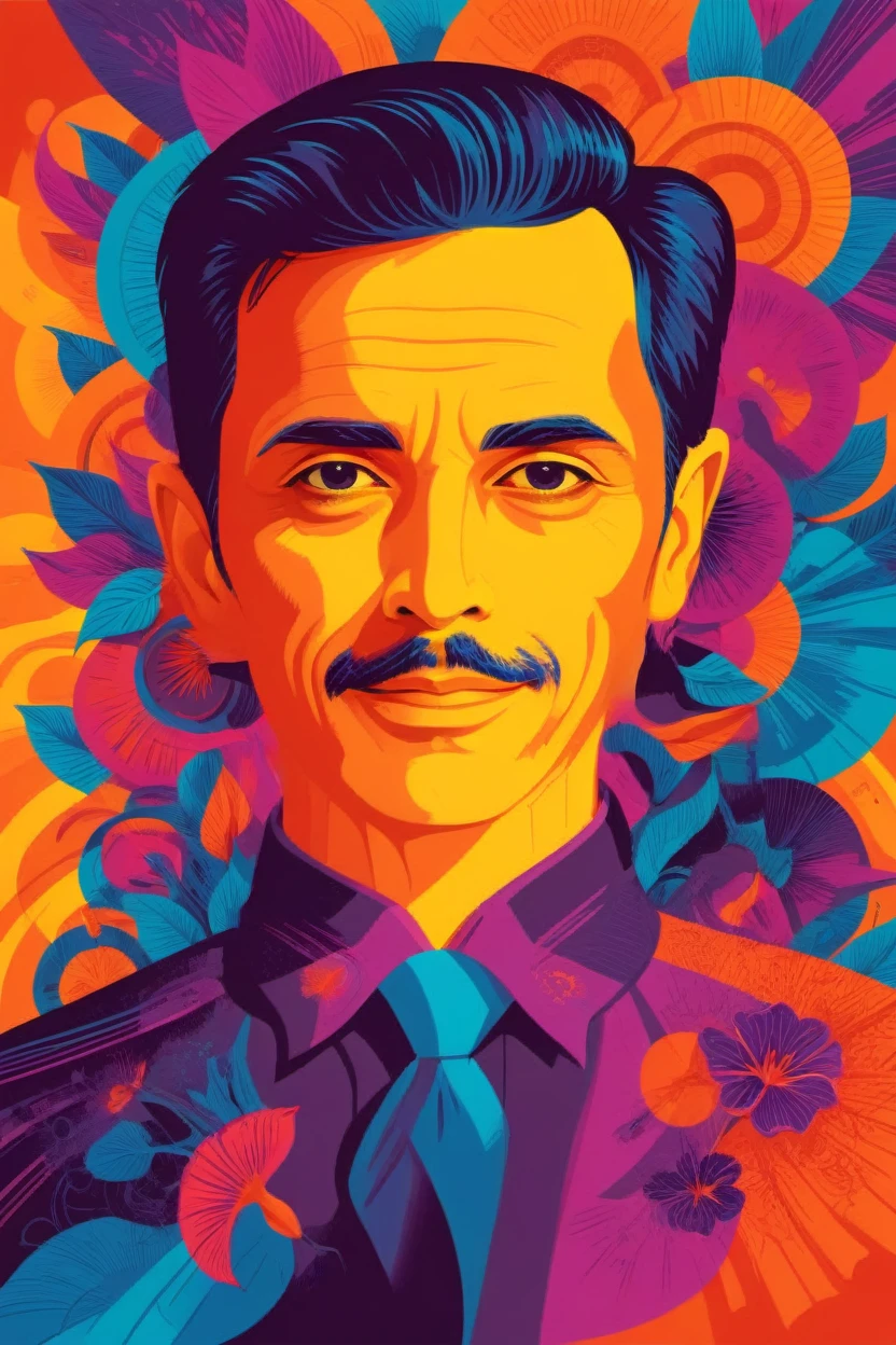 concept poster a 40 years man, full body portrait at amazon lily . digital artwork by tom whalen, bold lines, vibrant, saturated colors, detailed face, straight line shape,pop-art colorceo