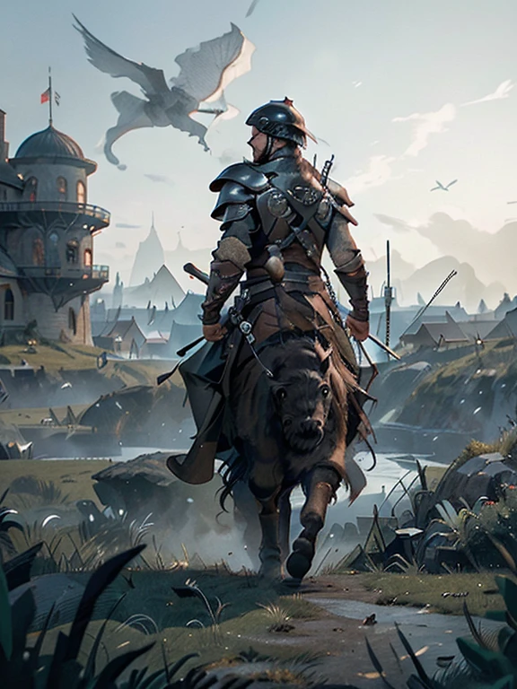  Cartoon style pictures ，(Europe)，man,midnight，Overall black tone， Characters take up one fifth，Create dystopian masterpieces, Game of Thrones movie scenes, The whole character is dressed in Game of Thrones style, Rugged full body metal armor， The background is the medieval manor farmland，river，torch，horse，A group of farmers，field，farming，(helmet，Face covering，In the shadows，Faceless，健壮的man, strong, shabby),dynamic poses， ((Turn your back to the camera，look into the distance，not looking at camera)), Photos taken from a distance, 