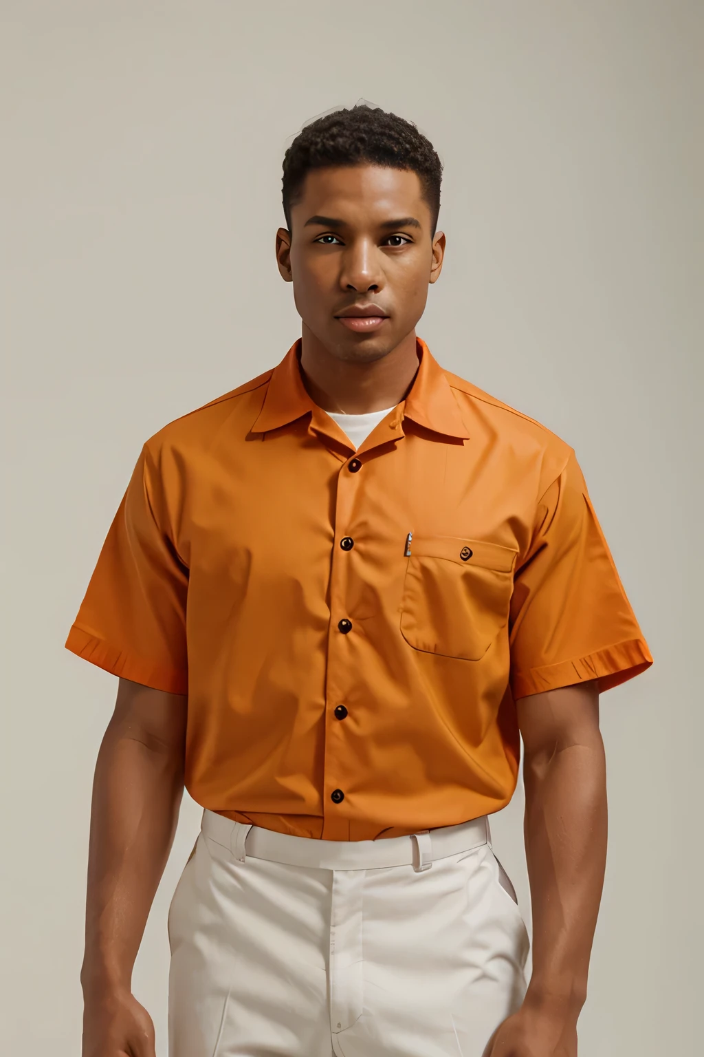 Front view of a mechanic man orange uniform shirt short sleeve. White empty background