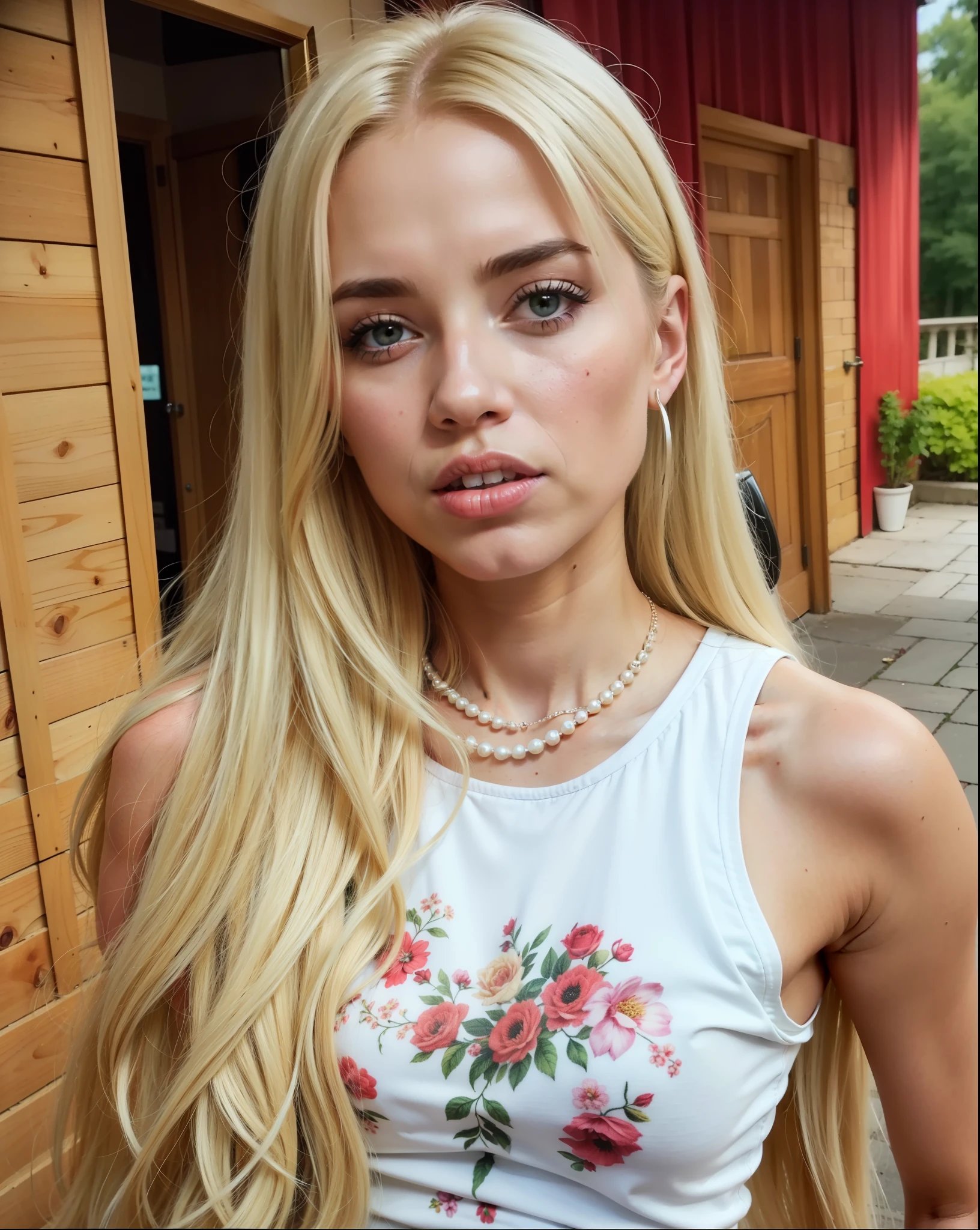 blond woman with long hair wearing a branco tank top and pearl necklace, Carolina Gariba, Sidney Sweeney, Victoria Gavrilenko, estilo de julia razumova, Aleksandra Waliszewska, Yulia Gorokhova, face like exposed ester, branco! top com estampa, Retrato de Sophie Mudd, Karolina Cummings