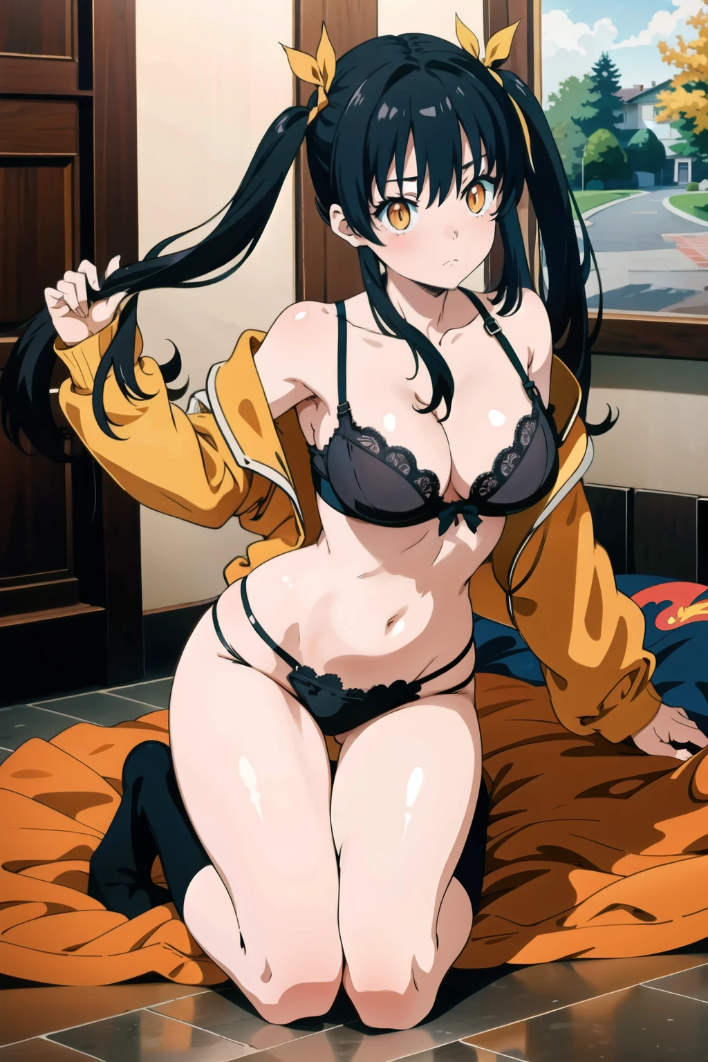 1girl, solo, Tamaki Kotatsu, twintails, black hair, long hair, bangs, blush, orange eyes, beautiful lingerie, beautiful panties and bra , full body, dynamic pose, (masterpiece:1.2), highres, best quality, 8k, very clear,