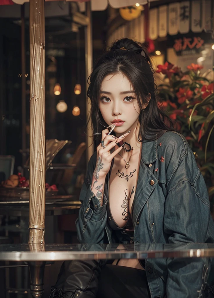 arafed woman with tattoos smoking a cigarette in a carousel, (( smoking a cigarette)), Cai Xukun, ((wearing boots)), Cai Xukun, of taiwanese girl with tattoos, Inspired by Elsa Breda, Written by Emma Andijewska, with tattoos, tattooed, inked, Inspired by Kim Duk-shin, tattoo, The aesthetics of War Paint, yakuza slim girl, Neutral person, by Mika Klein