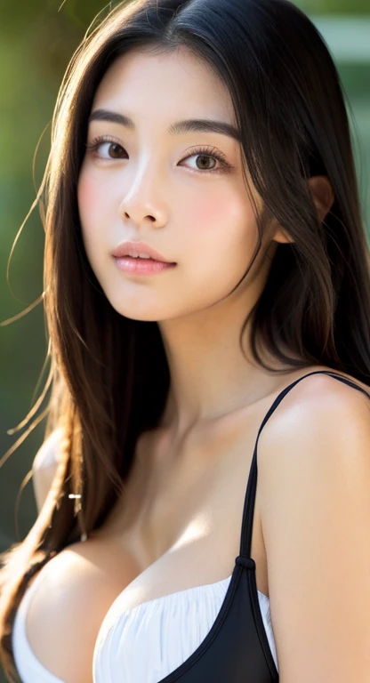 Long hair bunched up　well-groomed face　beautiful face　black hair　Squeeze the T-shirt　big breasts　parallel eyebrows　Because it&#39;s good　My face and skin are a little paler　Looks more Asian　swimsuit　long slit eyes